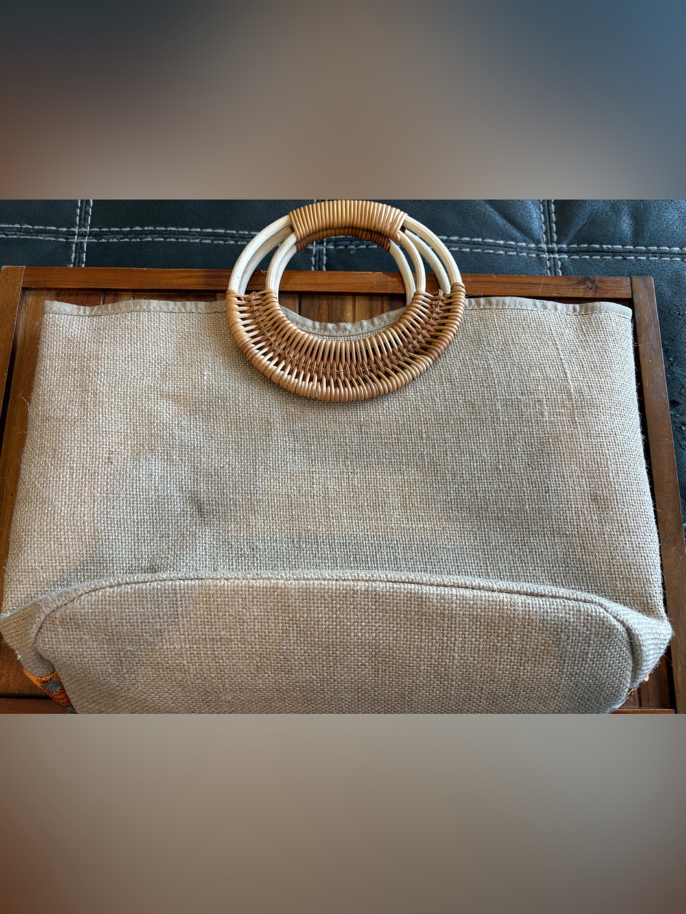 Sequined Embroidered Floral Tote Round Bamboo Handle Summer Boho Blue Orange - Picture 6 of 11